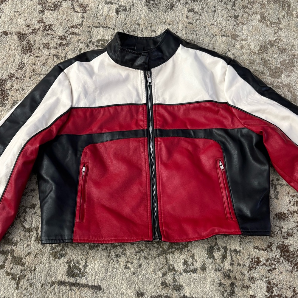Windsor Red, White and Black Faux Leather Moto Crop Jacket